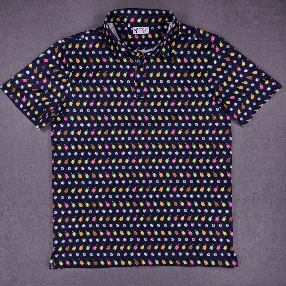 Pickle Ball Yatta Golf Mens Medium Polo Shirt Blue‎ with All Over Print AOP - Picture 2 of 8